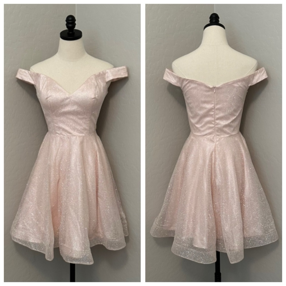 NEW JOVANI SZ 0 PINK SHIMMER OFF SHOULDER FIT FLARE FORMAL DRESS